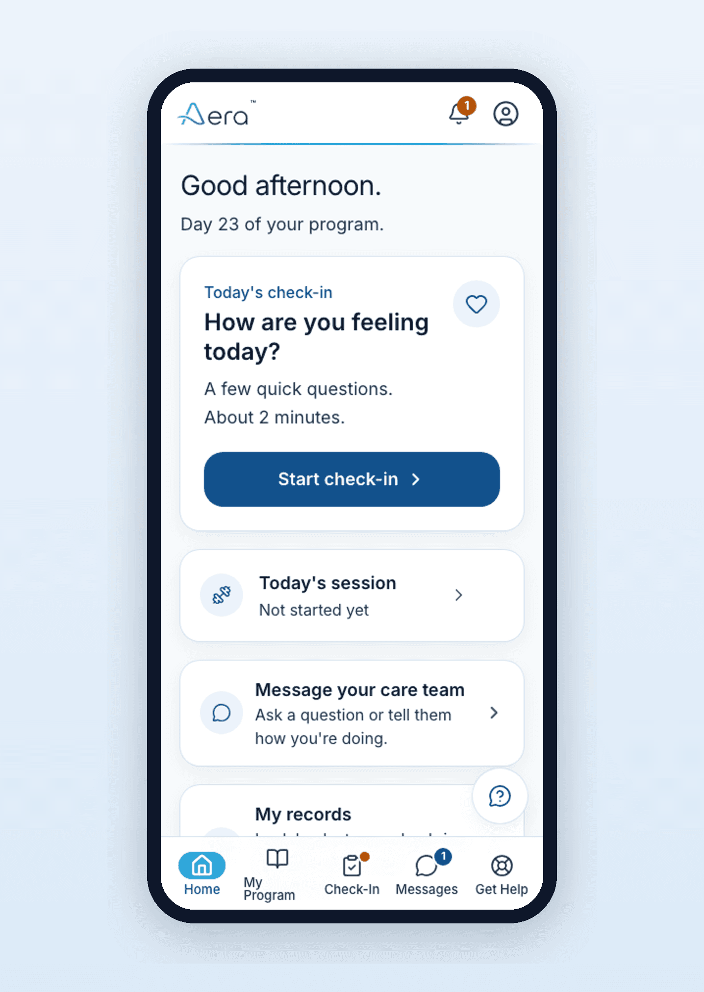 The Aera home screen: today's check-in, today's session, and today's breathing exercise, in large readable type