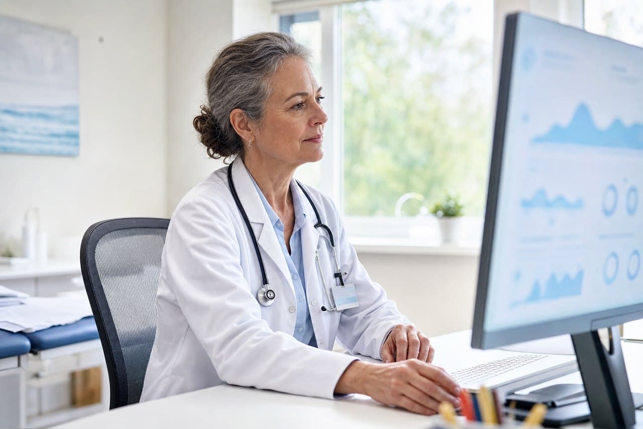 A clinician in a white coat at a clinic workstation, reviewing a patient-monitoring dashboard