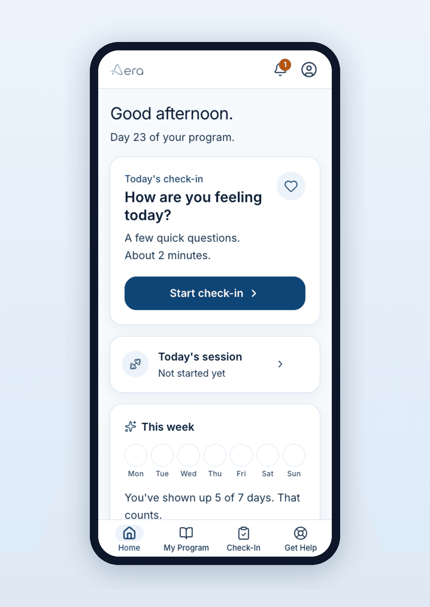 The Aera home screen: today's check-in, today's session, and weekly progress, in large readable type