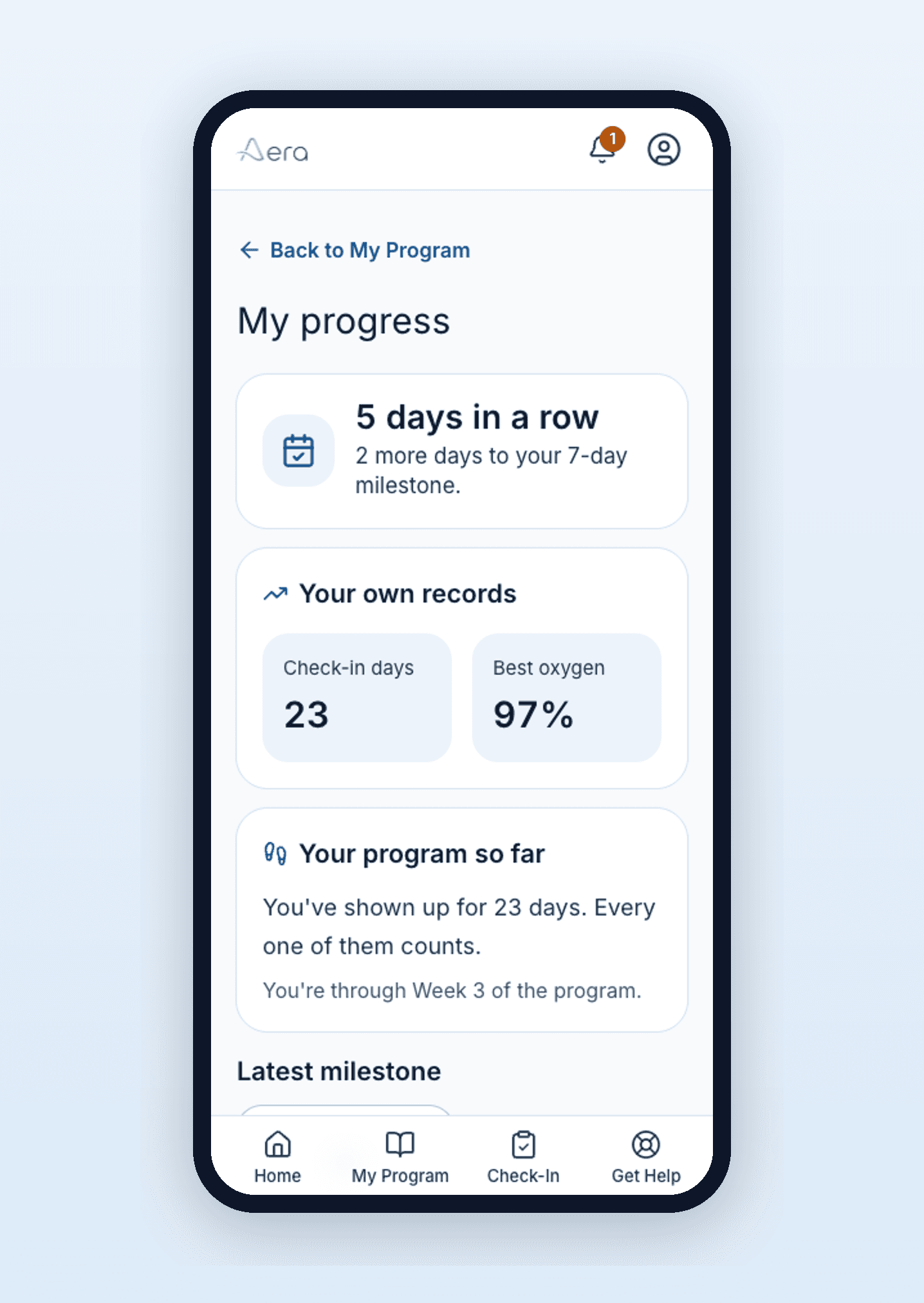 The Aera progress screen showing a 5-day streak, personal records, and weekly program progress