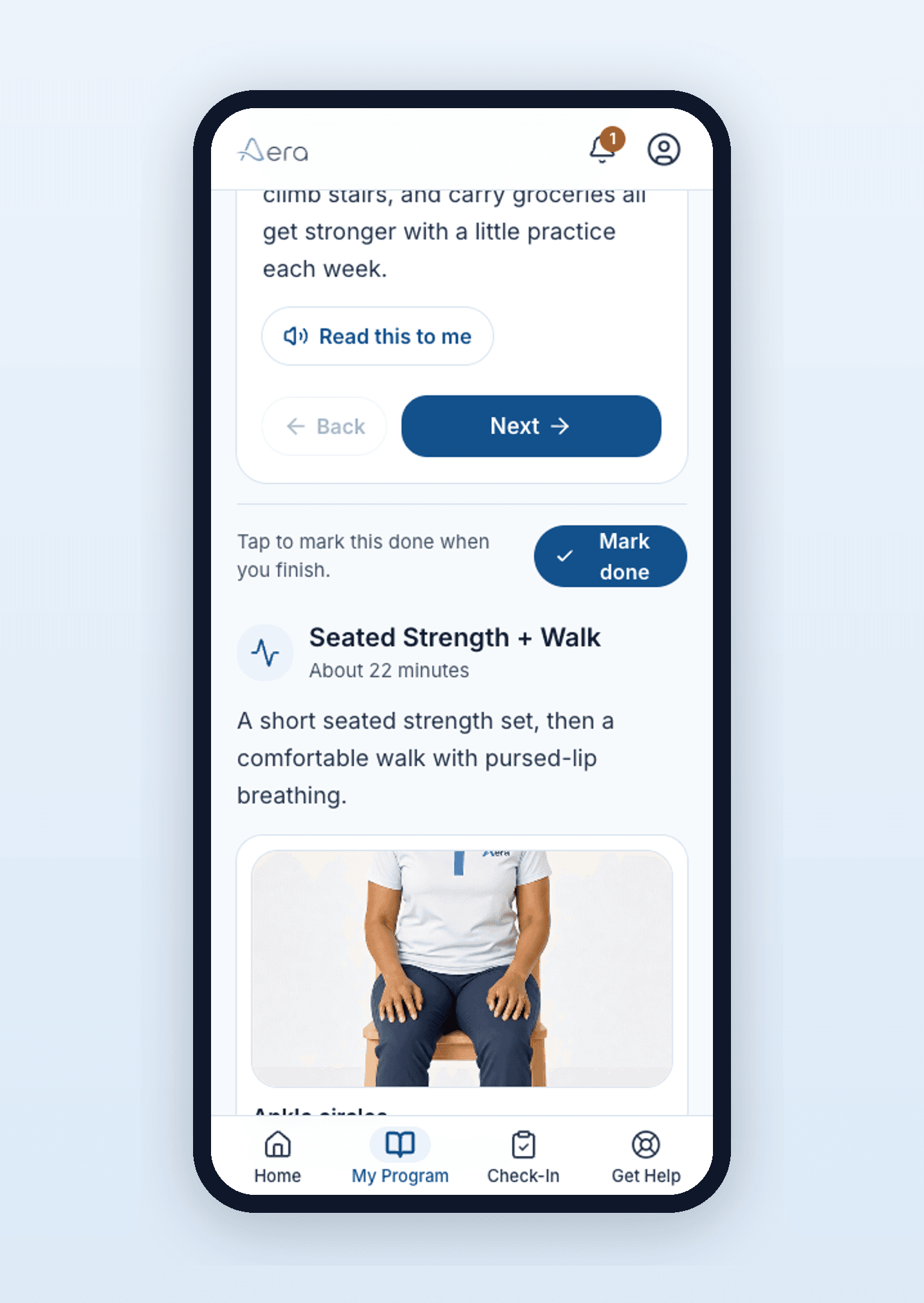 The Aera weekly view: a lesson with a Read-this-to-me button, and a guided seated strength-and-walk exercise with a demo