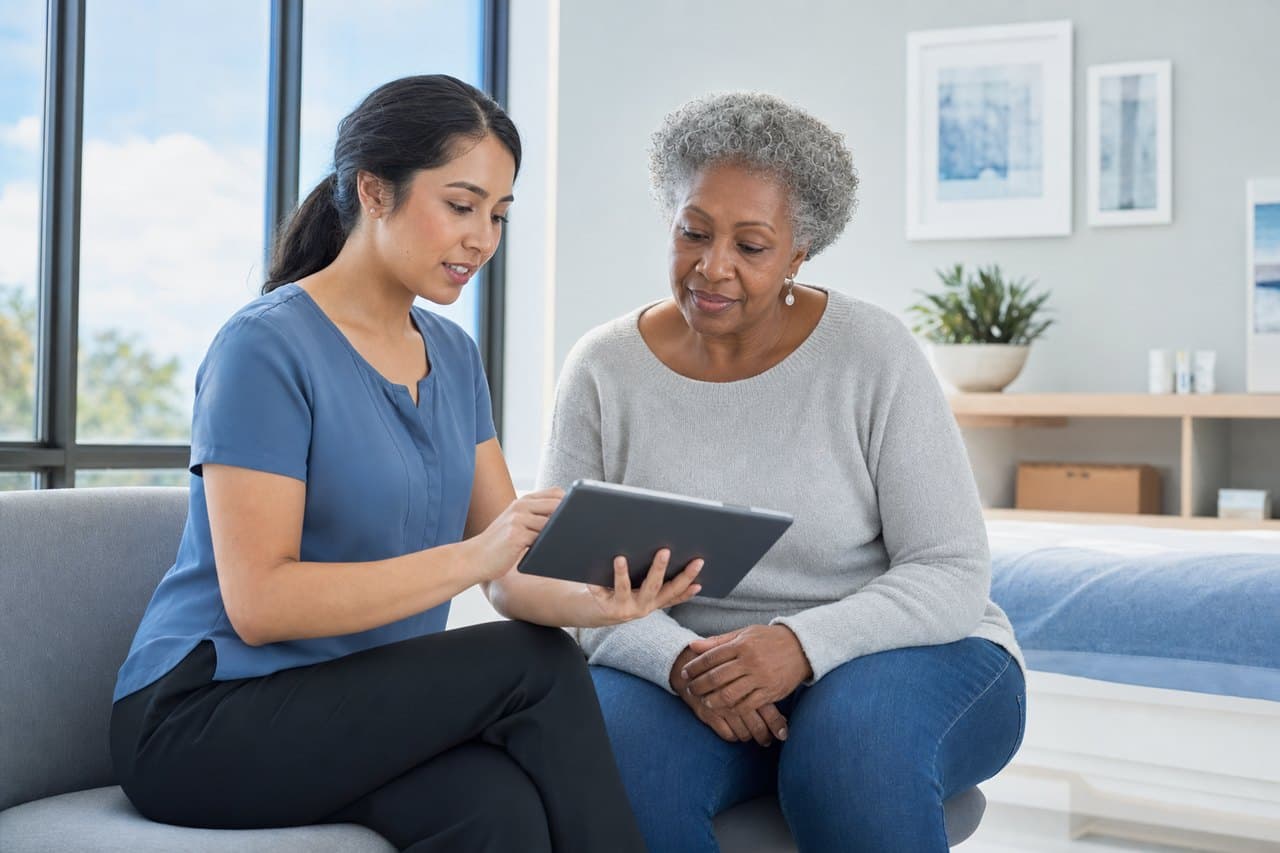 A clinician and an older patient reviewing information together on a tablet
