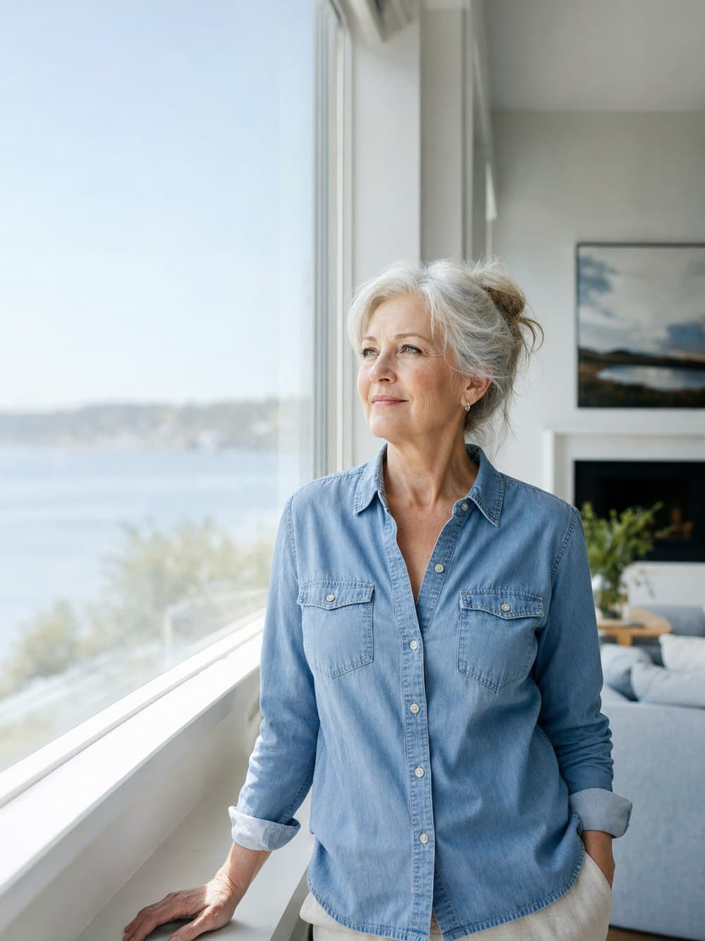 An older woman standing calmly by a sunlit window in a bright, airy home
