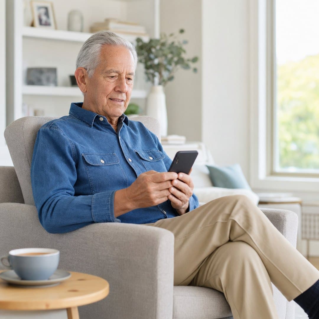 An older man sitting comfortably at home, calmly using a phone